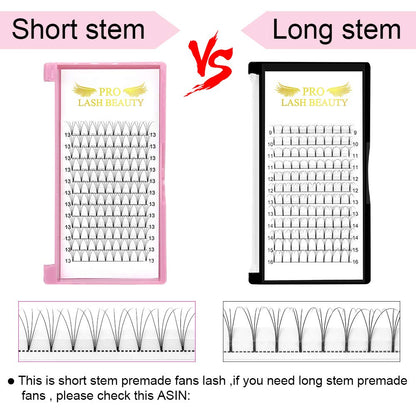 PRO LASHBEAUTY Premade Fans Eyelash Extensions 4D-D-0.10 | Short Stem, 9–20 mm