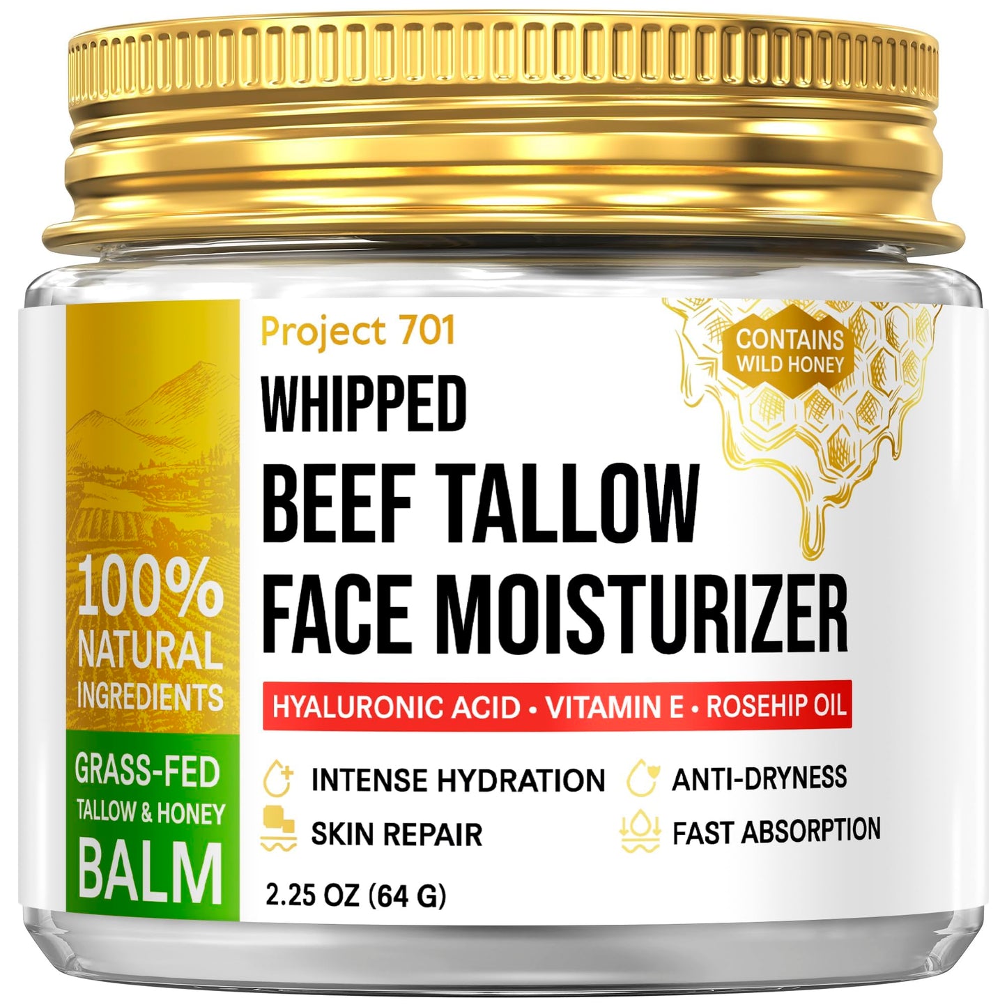 PROJECT 701 Beef Tallow Face Moisturizer — Grass-Fed Tallow, Honey & Liposomal Hyaluronic Acid | Glass Jar