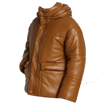 Men’s Brown Puffer Leather Bomber Jacket – Leather Down Jacket