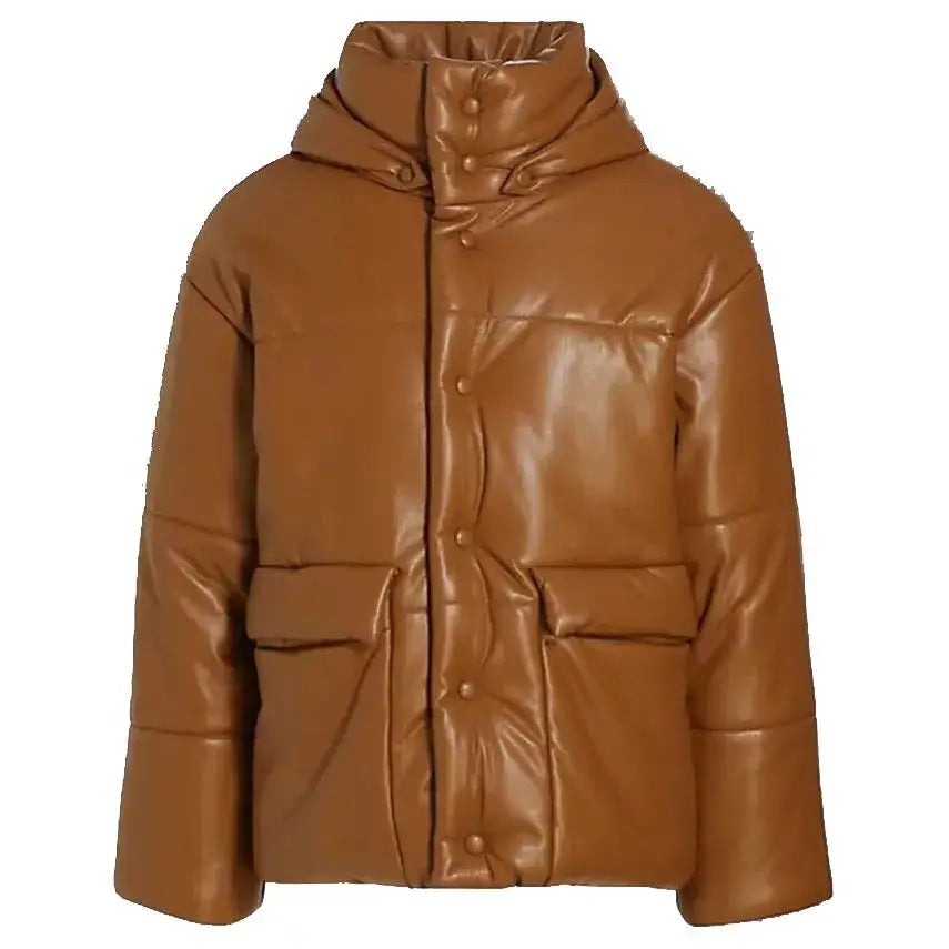 Men’s Brown Puffer Leather Bomber Jacket – Leather Down Jacket