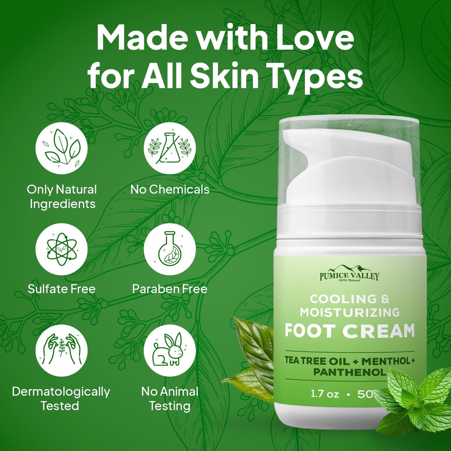 Pumice Valley 2 Pack Foot Cream – Dry Feet & Cracked Heels, Tea Tree, Menthol, Panthenol | 1.7 oz