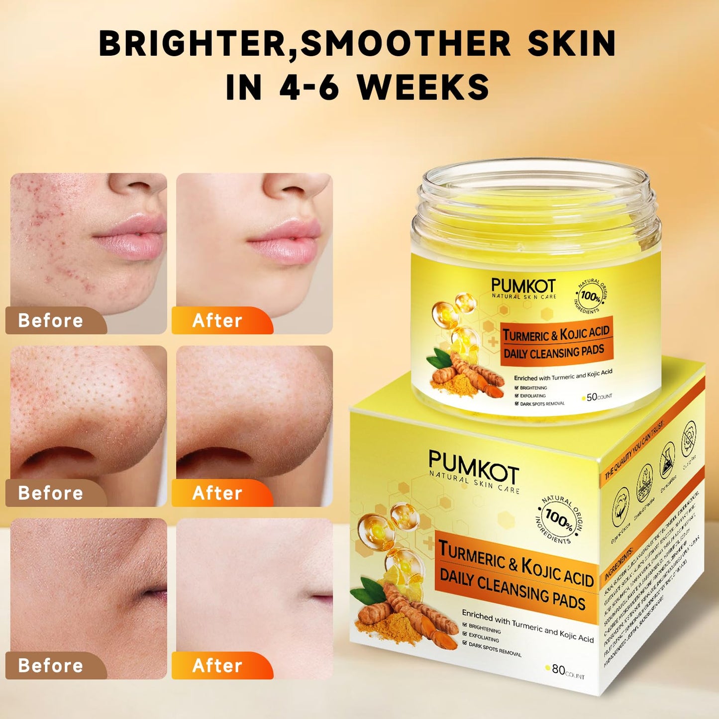 Pumkot Turmeric Kojic Acid Cleansing Pads – 80pcs Gentle Exfoliating Facial Pads