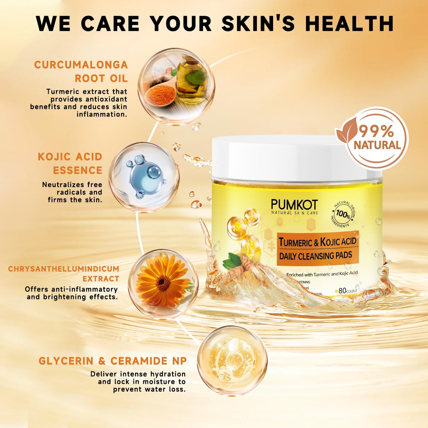 Pumkot Turmeric Kojic Acid Cleansing Pads – 80pcs Gentle Exfoliating Facial Pads