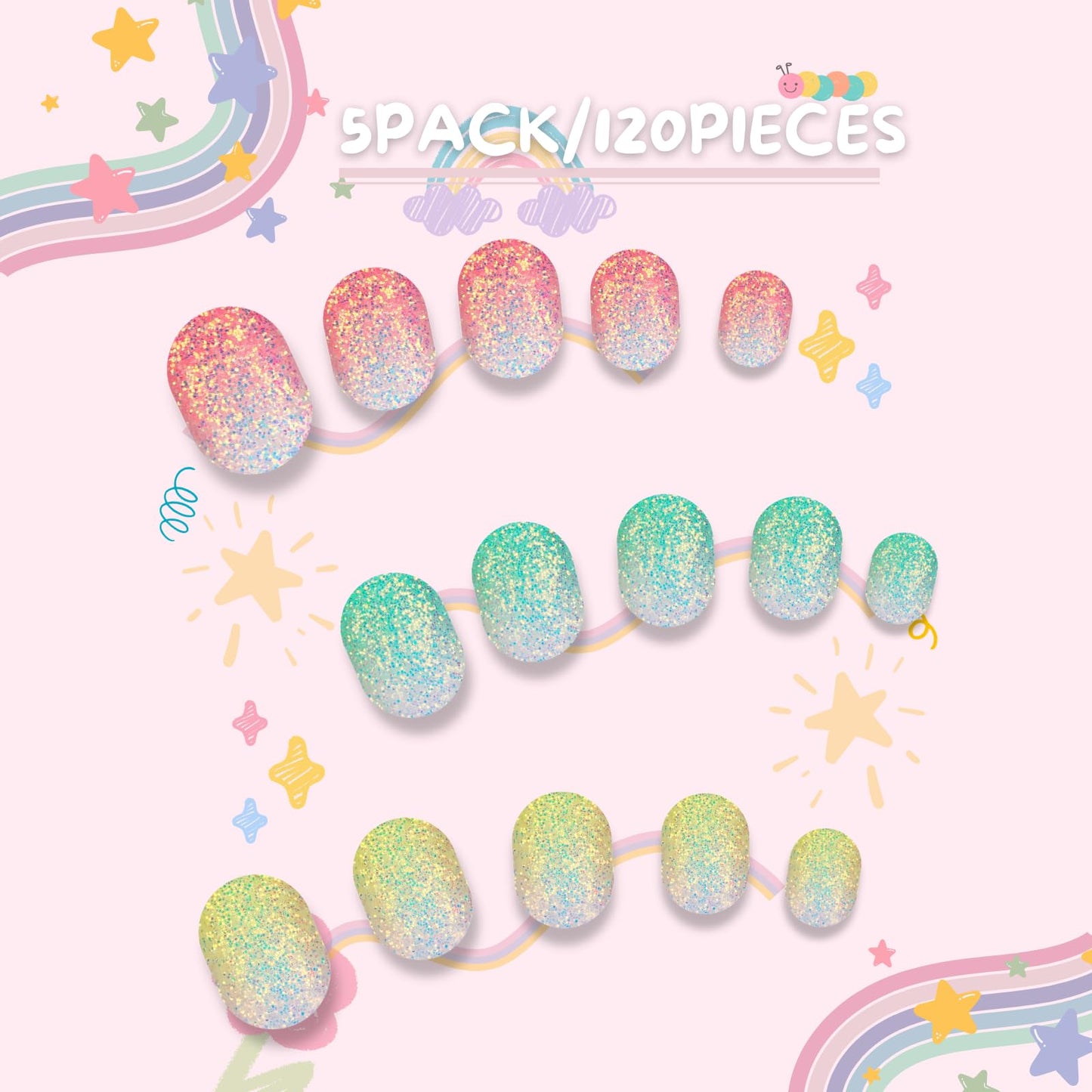 Pumkryth 120pcs Kids Press-On Nails – Glitter Short Fake Nails with Glue Tabs