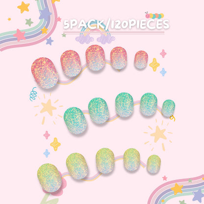 Pumkryth 120pcs Kids Press-On Nails – Glitter Short Fake Nails with Glue Tabs