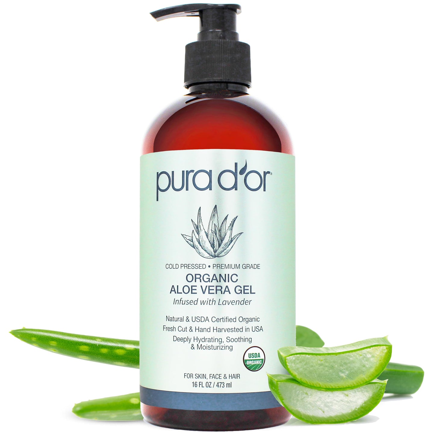 PURA D'OR 16 oz Organic Aloe Vera Gel – Lavender – Deep Hydration, All Natural, No Artificial Preservatives