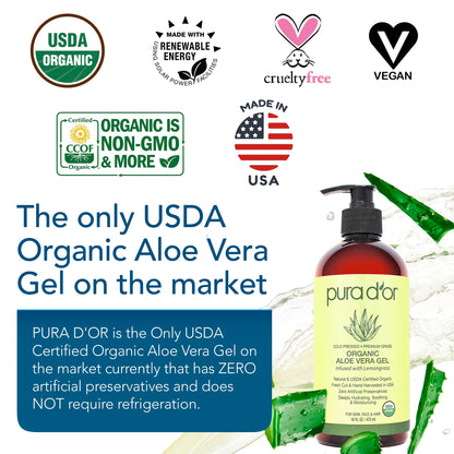 PURA D'OR 16 Oz Organic Aloe Vera Gel with Lemongrass – Deep Hydration, Zero Artificial Preservatives