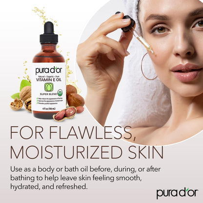 PURA D'OR Organic Vitamin E Oil – 4 Oz for Face, Body, Hair