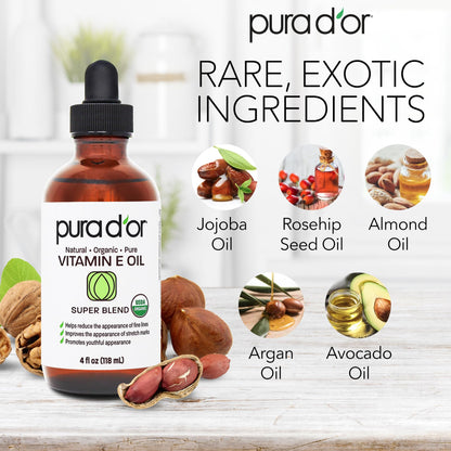 PURA D'OR Organic Vitamin E Oil – 4 Oz for Face, Body, Hair