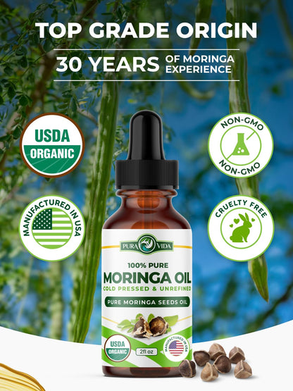 PURA VIDA MORINGA Seed Oil – USDA Organic, Cold-Pressed, Single-Origin, 2 oz Pump Bottle