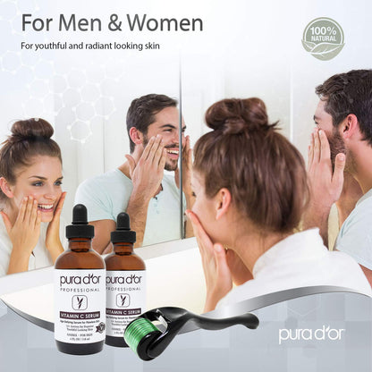 PURA D'OR 25% Vitamin C Serum + 0.25mm Derma Roller Set | Hyaluronic Acid & Retinol Skin Care Kit
