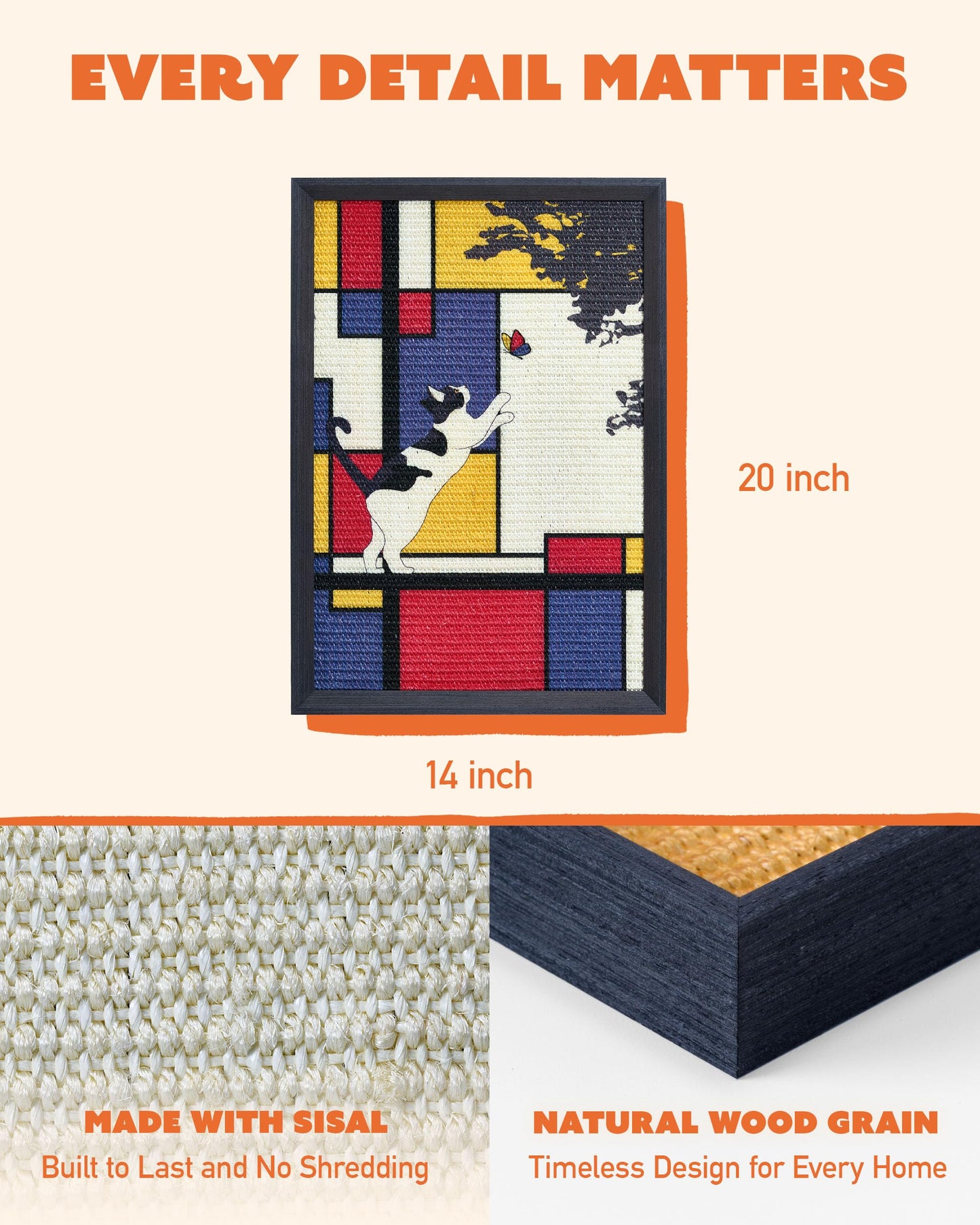 PURRDEE Mondrian-Inspired Wall Art Cat Scratcher – 14x20 Framed Sisal Scratch Pad, No-Drill Mount