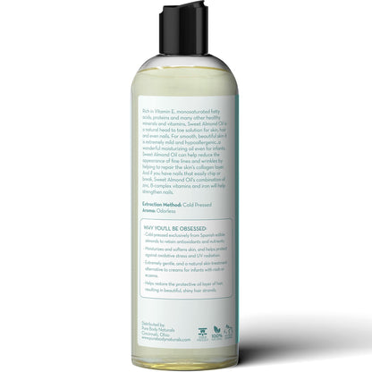 Pure Body Naturals Sweet Almond Oil – 100% Pure, Cold-Pressed Carrier Oil for Hair, Skin & Nails, 16 Fl Oz