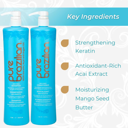 Pure Brazilian Anti-Frizz Daily Shampoo & Conditioner – Salt-Free, Color Safe, Keratin & Argan Oil – 1L