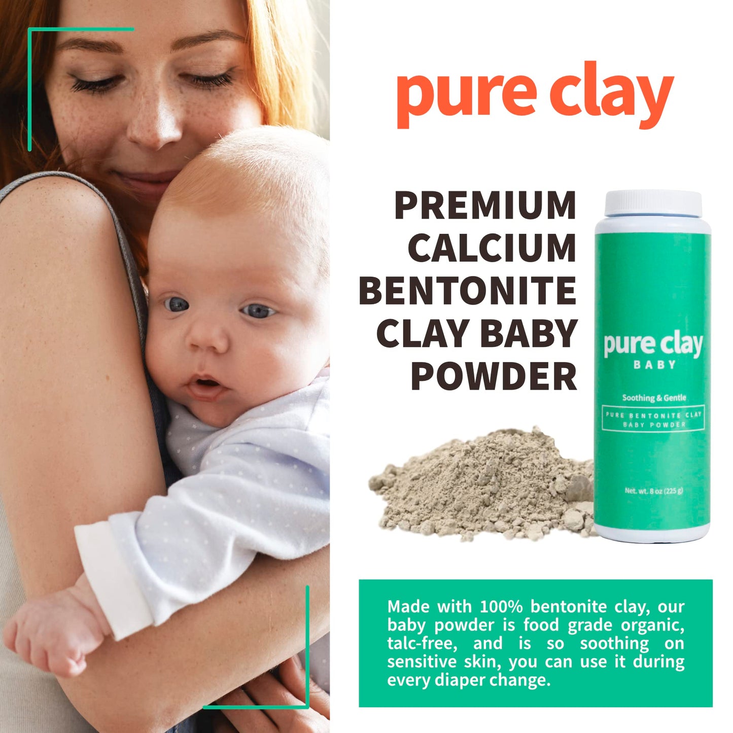 Pure Clay Bentonite Baby Powder – Talc-Free, Food Grade, Sensitive Skin (8 oz Travel Size)