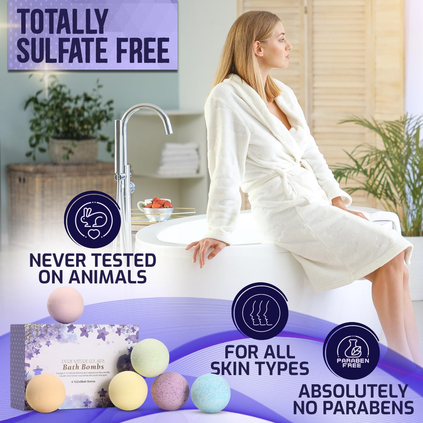 Pure Nature Lux Spa Bath Bombs Gift Set – Ultra Bubble XXL Fizzies (6 x 4.1 oz) with Dead Sea Salt, Cocoa & Shea