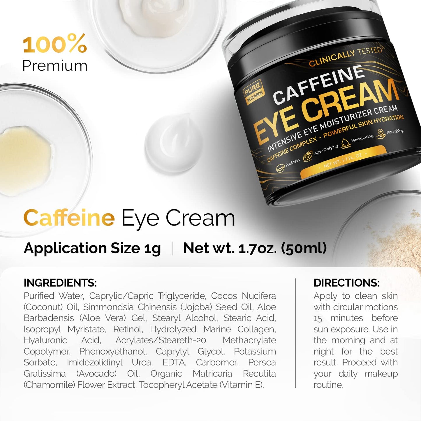 PURE RESEARCH Caffeine Eye Cream – Anti-Aging, Dark Circles & Puffiness (1.7 oz)