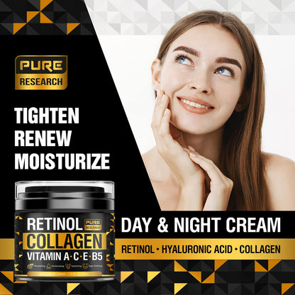 PURE RESEARCH Retinol Face Cream – Natural Anti-Wrinkle Moisturizer with Collagen & Hyaluronic Acid | 1.7oz