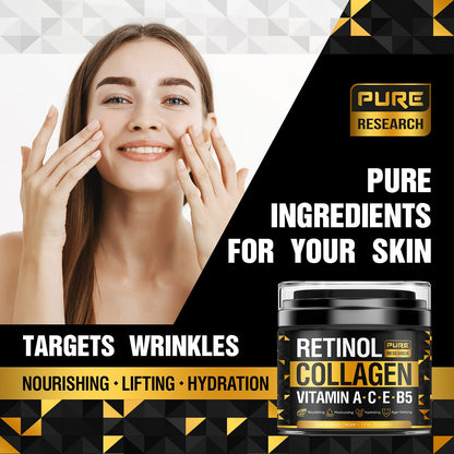 PURE RESEARCH Retinol Face Cream – Natural Anti-Wrinkle Moisturizer with Collagen & Hyaluronic Acid | 1.7oz