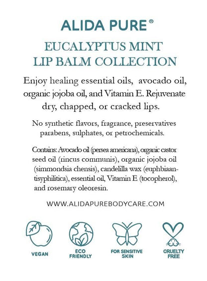 ALIDA PURE Eucalyptus Mint Lip Balm Collection – Vegan, Beeswax-Free, 3-Tube Set with Avocado & Jojoba Oils