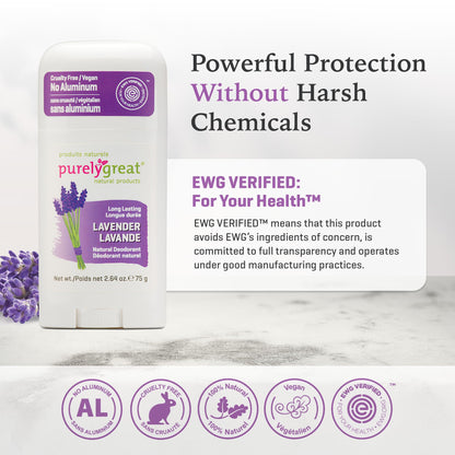 Purelygreat Lavender Natural Deodorant Stick – Aluminum-Free, Paraben-Free, 2.64 oz