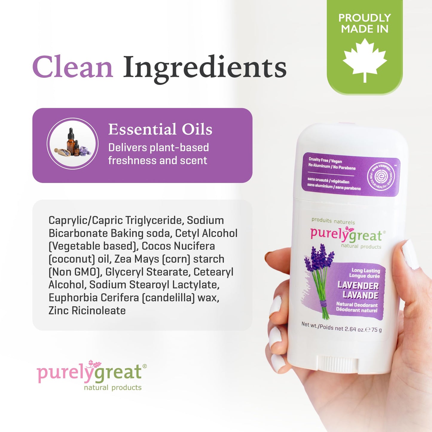Purelygreat Lavender Natural Deodorant Stick – Aluminum-Free, Paraben-Free, 2.64 oz