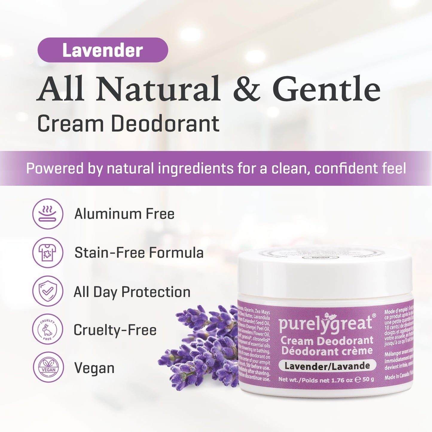 Purelygreat Lavender Scented Cream Deodorant – Natural, Chemical-Free Hygiene for Women & Men (1.76 oz / 50 g)