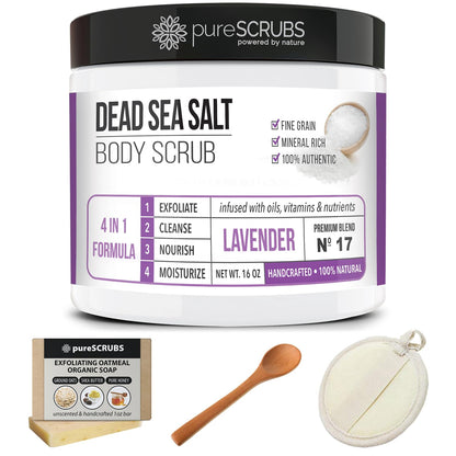 PureSCRUBS Premium Lavender Body Scrub Set – 16oz Dead Sea Salt Exfoliant with Essential Oils + Bonus Accessories