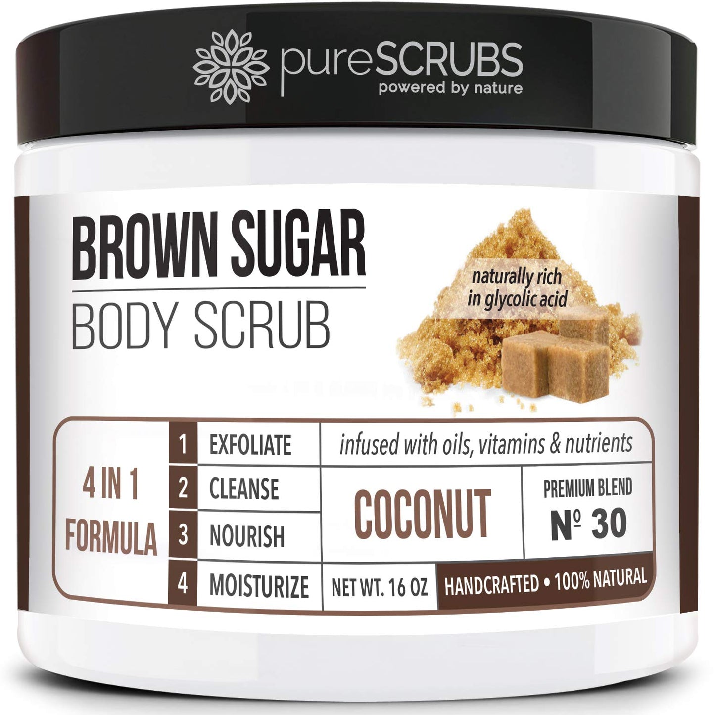 pureSCRUBS Premium Coconut Brown Sugar Scrub – 16oz Jar + Accessories