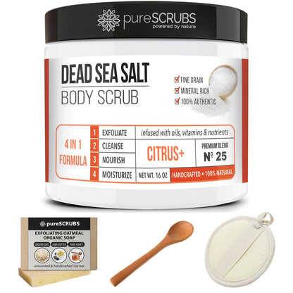 pureSCRUBS Premium Citrus Body Scrub Set – 16oz Dead Sea Salt, Essential Oils, Wooden Spoon & Loofah