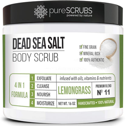 pureSCRUBS Premium Lemongrass Dead Sea Salt Body Exfoliator Scrub – 16oz Jar with Spoon, Loofah & Exfoliating Soap