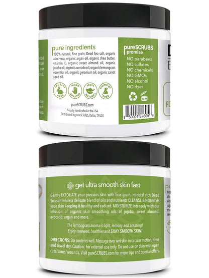 pureSCRUBS Premium Lemongrass Dead Sea Salt Body Exfoliator Scrub – 16oz Jar with Spoon, Loofah & Exfoliating Soap