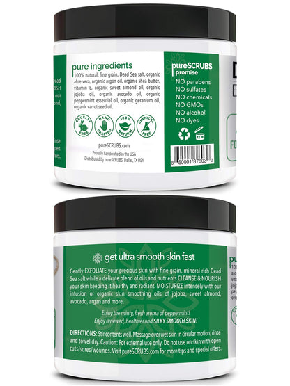 pureSCRUBS Premium Sea Salt Body Scrub Set - 16oz Peppermint with Wooden Spoon, Loofah & Oatmeal Soap