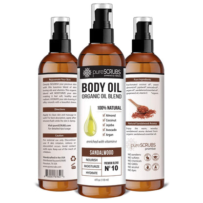 PureSCRUBS Ultra Moisturizing Sandalwood Body Oil Spray – Organic Oil Blend, 4oz