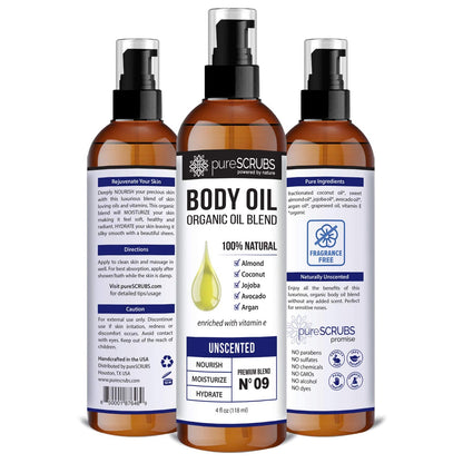 pureSCRUBS Ultra Moisturizing Unscented Body Oil Spray – Organic Jojoba, Argan & Coconut Blend, 4oz