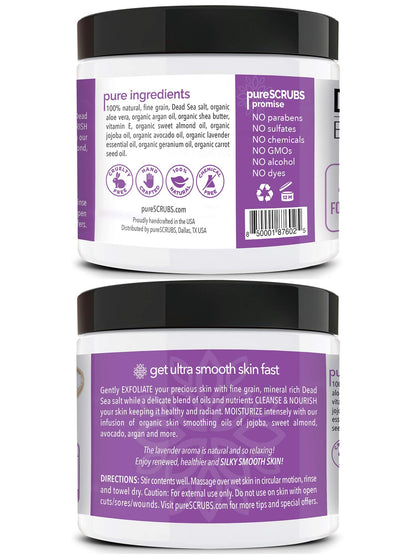 PureSCRUBS Premium Lavender Body Scrub Set – 16oz Dead Sea Salt Exfoliant with Essential Oils + Bonus Accessories