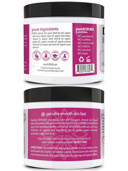 pureSCRUBS Premium Jasmine Body Scrub Set - 16oz Dead Sea Salt Exfoliant with Three Bonus Accessories