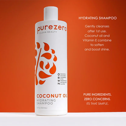 PureZero Coconut Oil Hydrating Shampoo & Conditioner Set – Vegan, Silicone-Free, Color-Safe (2 × 12 oz)