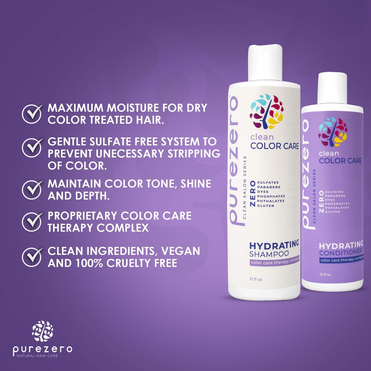 Purezero Clean Color Care Hydrating Shampoo & Conditioner Set | Color Safe, Sulfate-Free