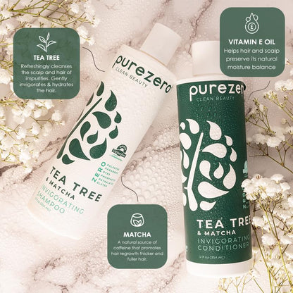 Purezero Tea Tree & Matcha Shampoo + Conditioner Set – Invigorating Scalp Care, Zero Sulfates