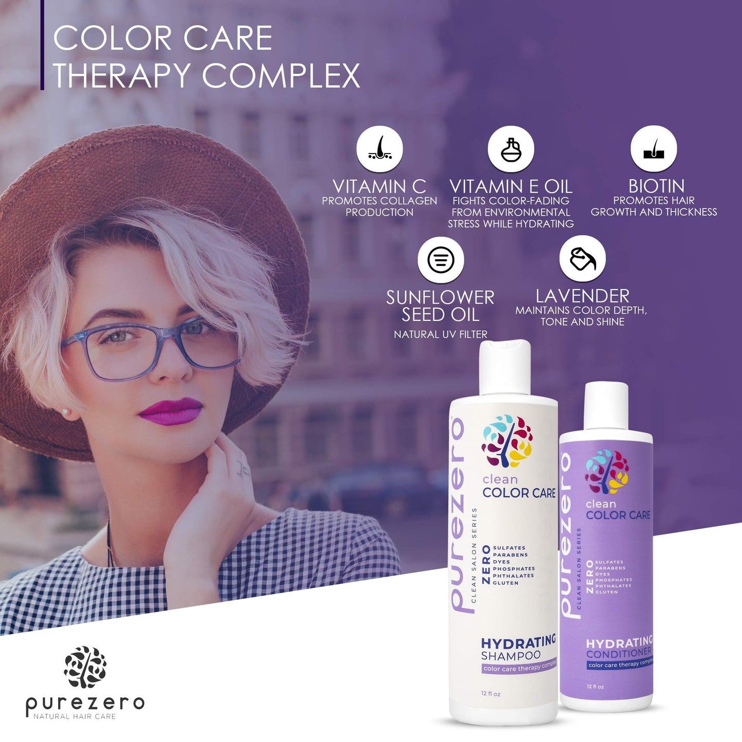 Purezero Clean Color Care Hydrating Shampoo & Conditioner Set | Color Safe, Sulfate-Free