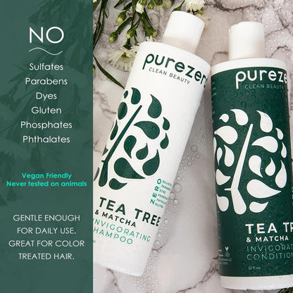 Purezero Tea Tree & Matcha Shampoo + Conditioner Set – Invigorating Scalp Care, Zero Sulfates