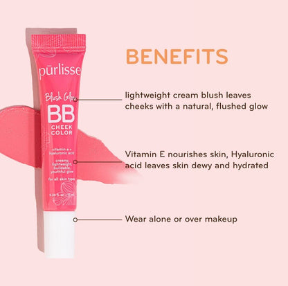 pūrlisse Blush Glow BB Cheek Color - Dewy Liquid Cream Blush with Vitamin E & Hyaluronic Acid (Cool Mauve, 0.34 oz)