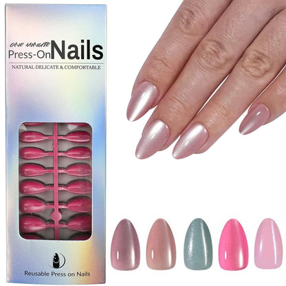 Puyokinm 150Pcs Cat Eye Press-On Nails Kit – Short Almond Shape, Glitter Finish, 15 Sizes, Glue-On Reusable Nails for Women