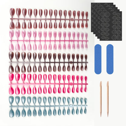 Puyokinm 150Pcs Cat Eye Press-On Nails Kit – Short Almond Shape, Glitter Finish, 15 Sizes, Glue-On Reusable Nails for Women
