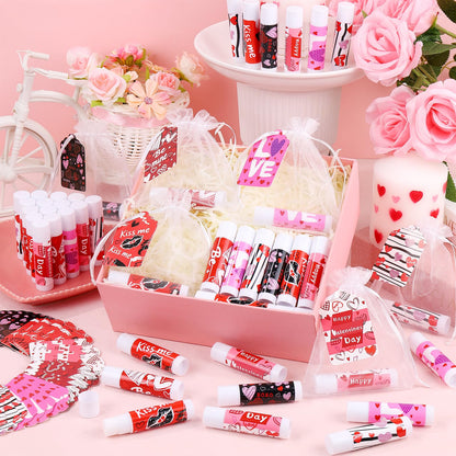 QAUYETM 50-Count Valentines Lip Balm Gift Set with Organza Bags & Cards – 6 Flavors