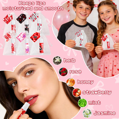 QAUYETM 50-Count Valentines Lip Balm Gift Set with Organza Bags & Cards – 6 Flavors