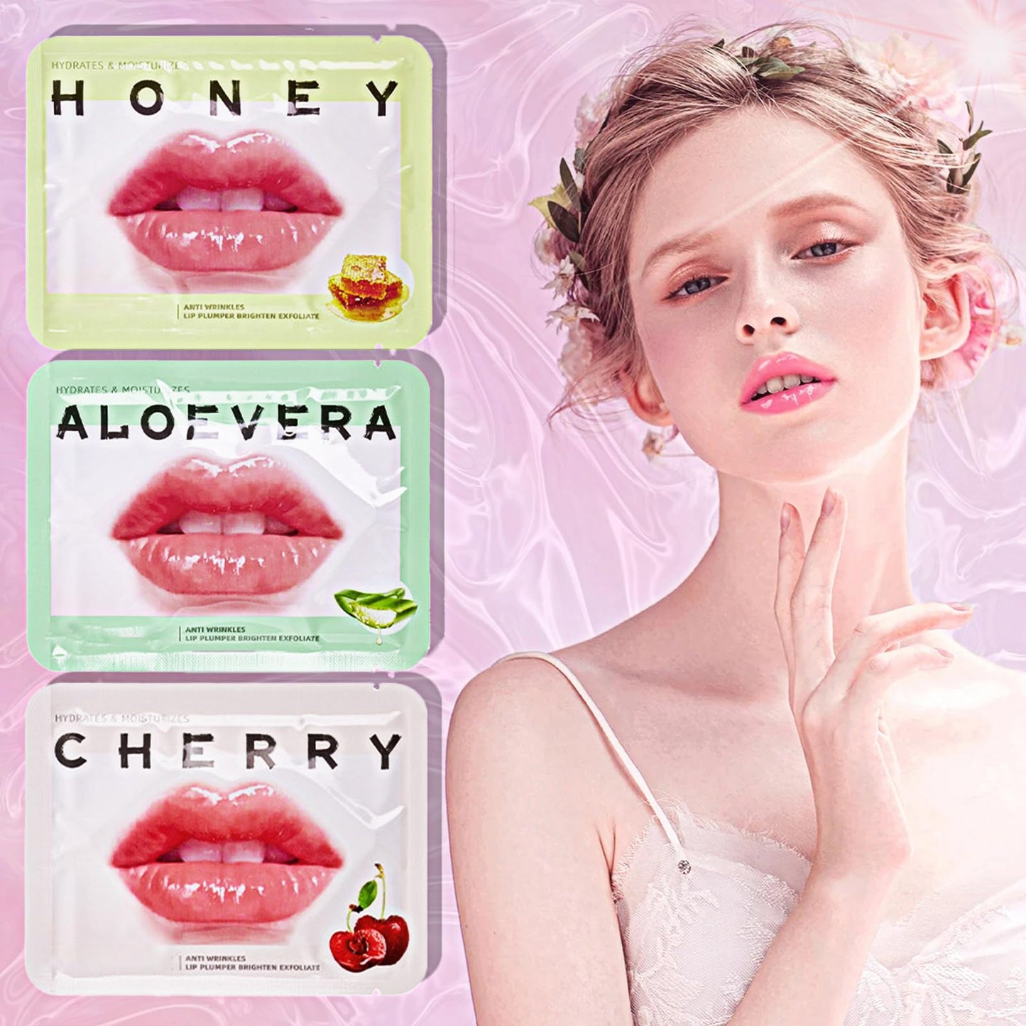 Qawnfy 30Pcs Collagen Crystal Lip Masks – Honey, Cherry & Aloe Lip Care for Hydration
