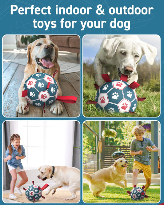 QDAN Dog Soccer Ball with Straps - 10 Inch Durable Outdoor Toy for Fetch, Tug & Training