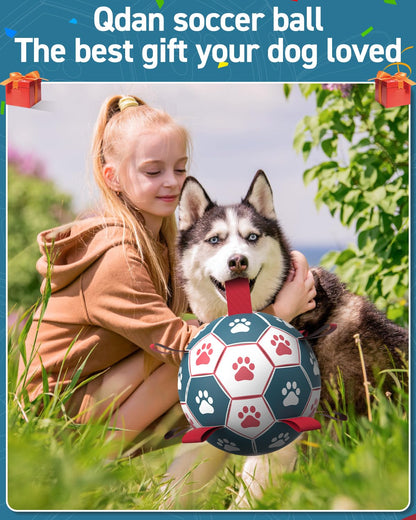 QDAN Dog Soccer Ball with Straps - 10 Inch Durable Outdoor Toy for Fetch, Tug & Training